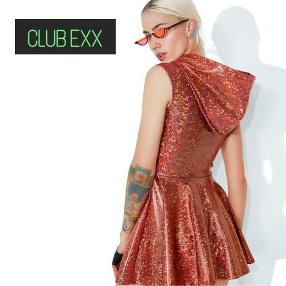 Dolls Kill Dresses & Skirts - CLUB EXX Forbidden Planet hooded holographic skater dress